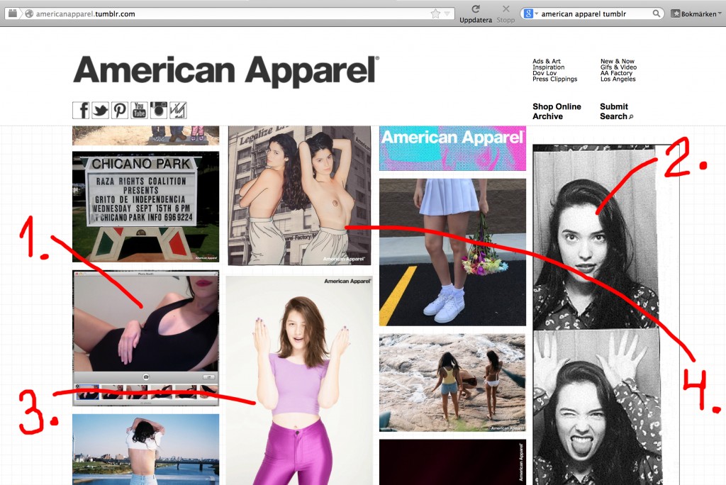 Dump av American Apparels tumblr med pilar